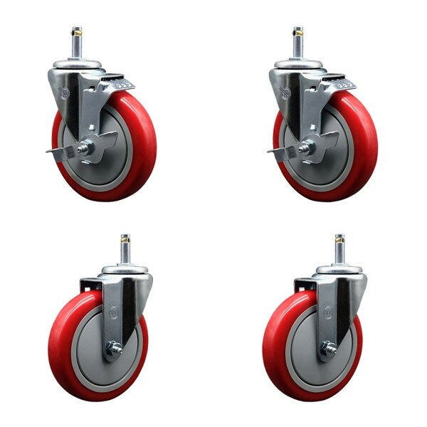Service Caster 5'' Red Poly Wheel Swivel 7/16'' Grip Ring Stem Caster Set 2 Brakes, 4PK SCC-GR20S514-PPUB-RED-TLB-716138-2S2 - main